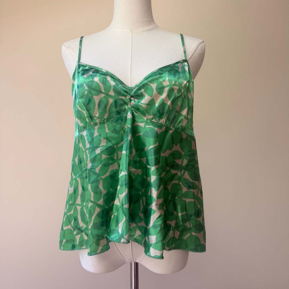Green Leaf Print Satin Camisole Tank Top